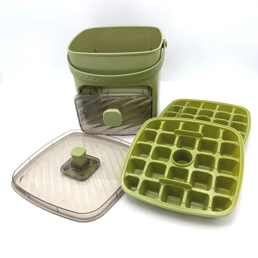 Press Type 48 Grid Ice Cube Tray Storage Bin Set Green Portable‎ Handle Drawer